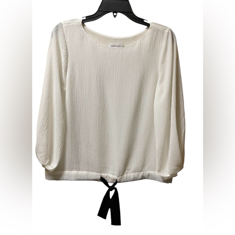 CALVIN KLEIN JEWEL NECK BLOUSE 3/4 SLEEVES WOMENS DRAWSTRING CREAM COLOR SMALL